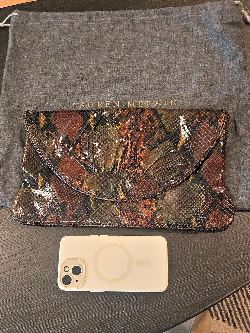 Lauren Merkin Eve Snakeskin Clutch Brown & Black